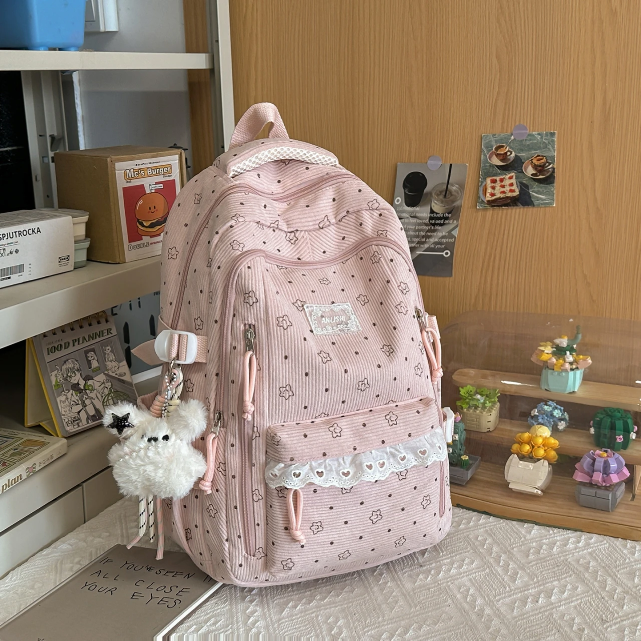 

Женский серый вельветовый рюкзак с узором в виде звезд, кружевом, плюшевым мишкой, множеством карманов, регулируемыми лямками, повседневная школьная сумка 2026
