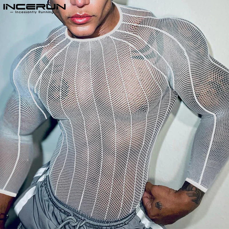 Party Nightclub Style Tops INCERUN Men\'s See-through Thin Design T-shirts Sexy Leisure Male Hot Sale Long Sleeved Camiseta S-3XL