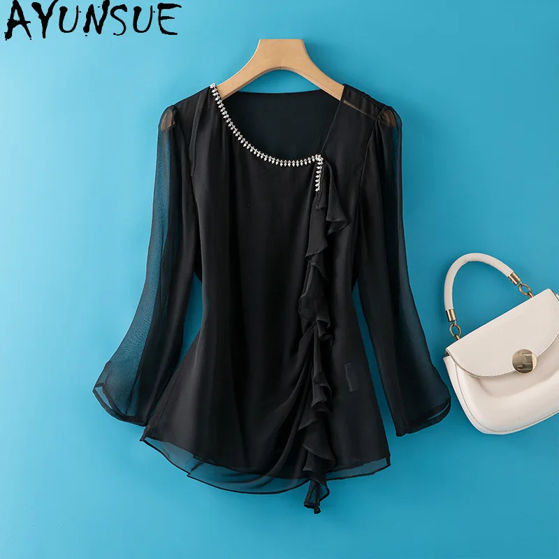 

AYUNSUE 100% Silk Women's Blouses and Shirts Stylish Long Sleeve Tops for Woman Black Pullover Blouse Woman Clothes Ropa Mujer