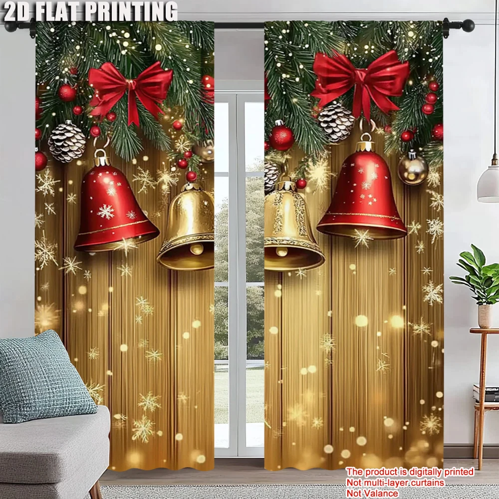 

2Pcs Golden Christmas Window Curtains Rod Pocket Design Polyester Material Machine Washable Perfect For Living Room Kitchen