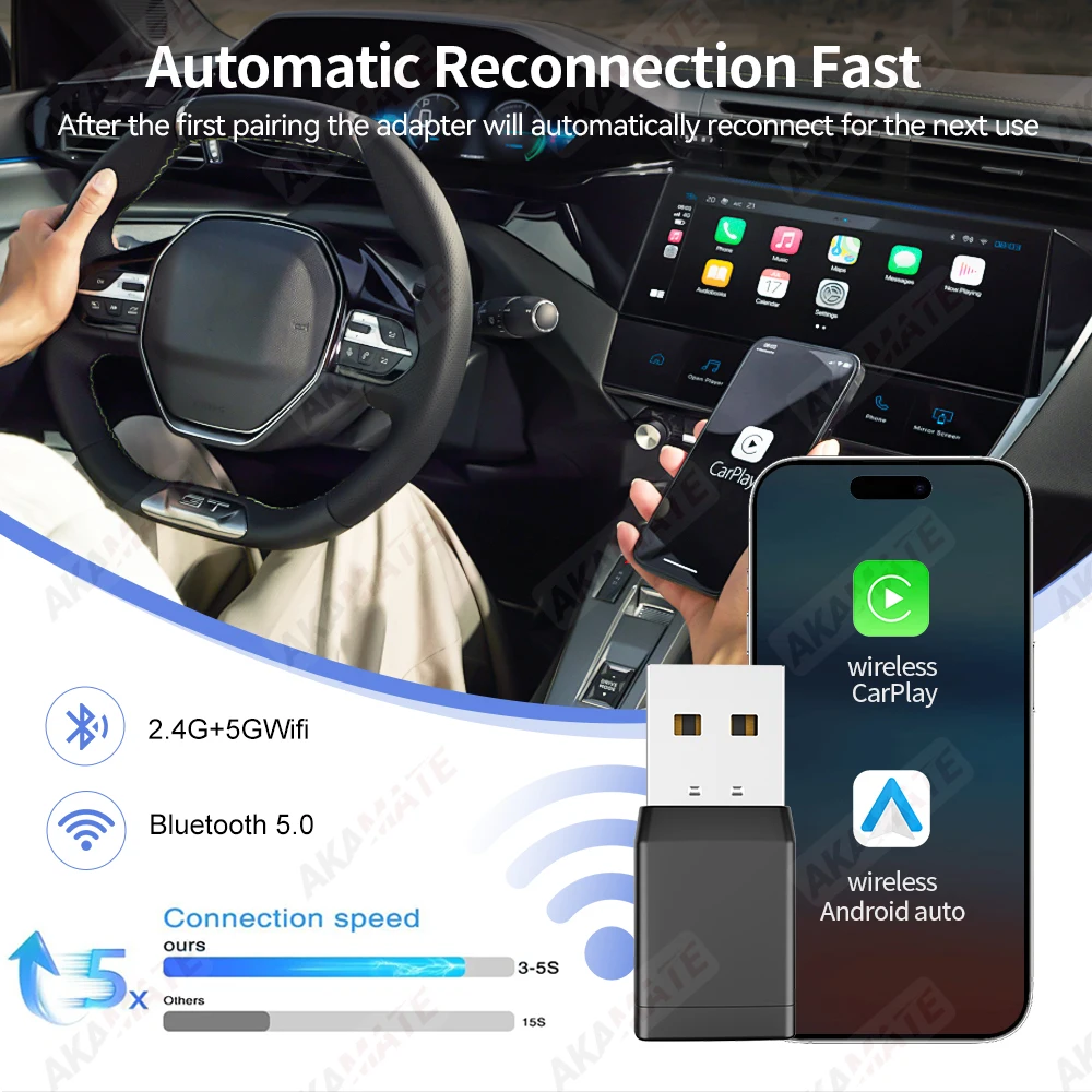 محول CarPlay اللاسلكي المحمول Android التوصيل والتشغيل التلقائي بلوتوث لراديو السيارة الأصلي السلكي إلى اللاسلكي 2in1 Super Mini