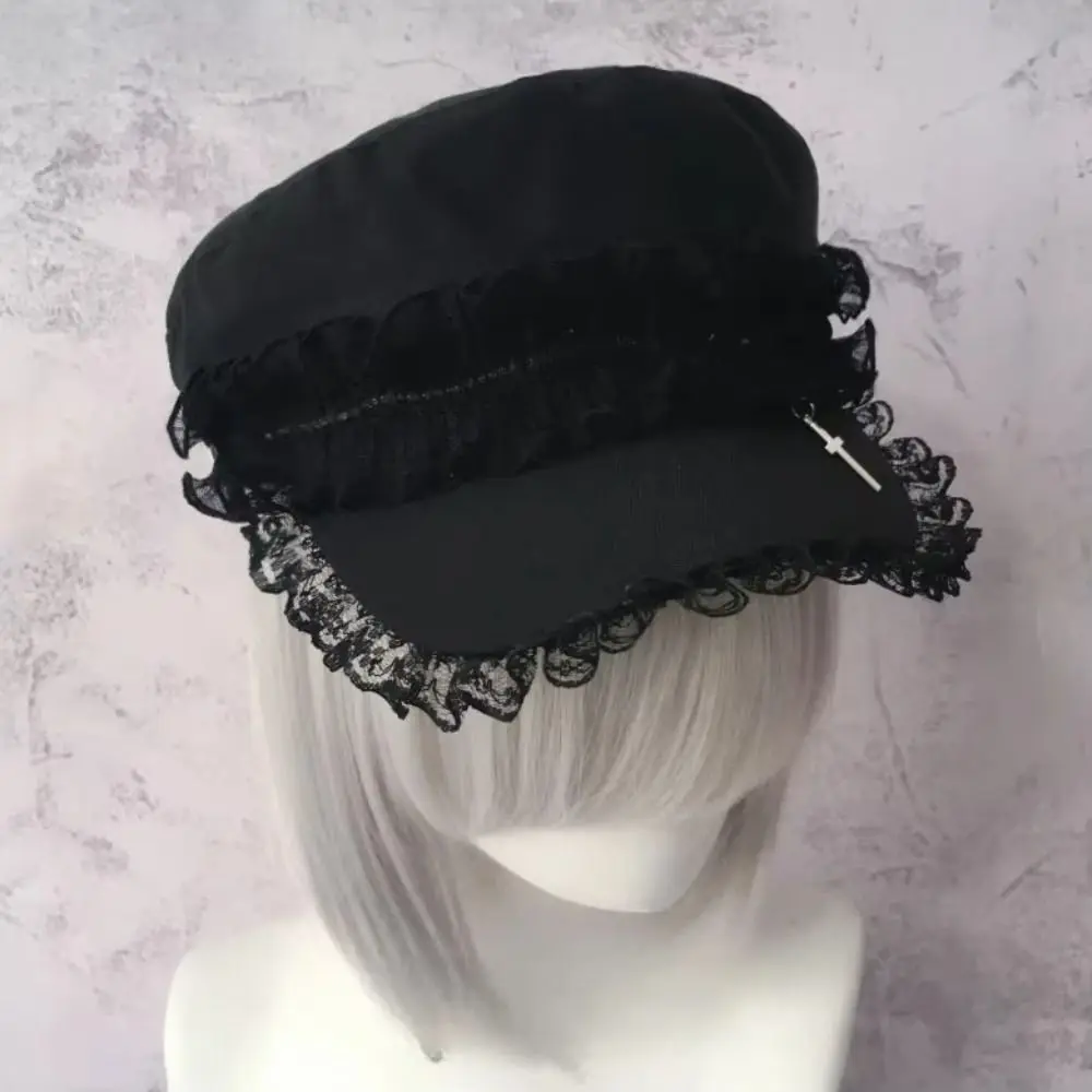 

Versatile Double Layer Lace Y2K Hat Girl Millennium Painter Hat Lace Beret Caps Dark Design Cool Black Outdoor Sun Hat For Adult