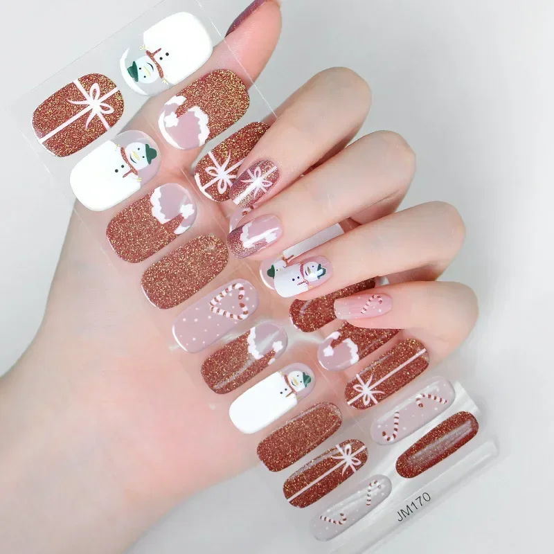 20Tips Christmas Semi-Cured Gel Nail Strips Snowflake Bear Bell Gel Nail Stickers For New Year Manicure UV Nail Wraps