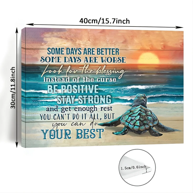 1 PC Vibrant Wooden Framed Canvas Painting - Bathroom Sea Turtle Wall Art with Inspirational Quotes, Ocean Beach Pictures