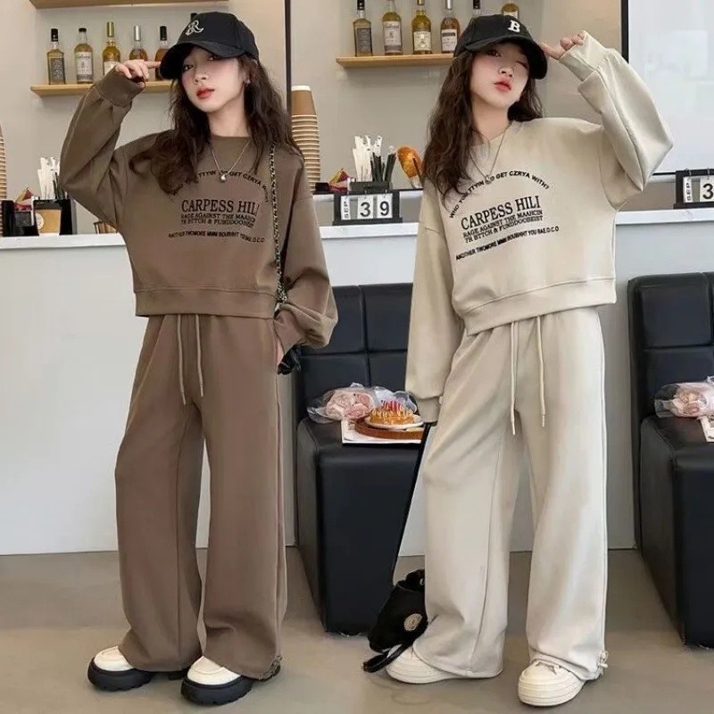 110-170 الكورية نمط رداء غير رسمية للفتيات ربيع الخريف جديد وصول أنيق رسالة البلوز مستقيم الساق بنطلون 2 قطعة مجموعة