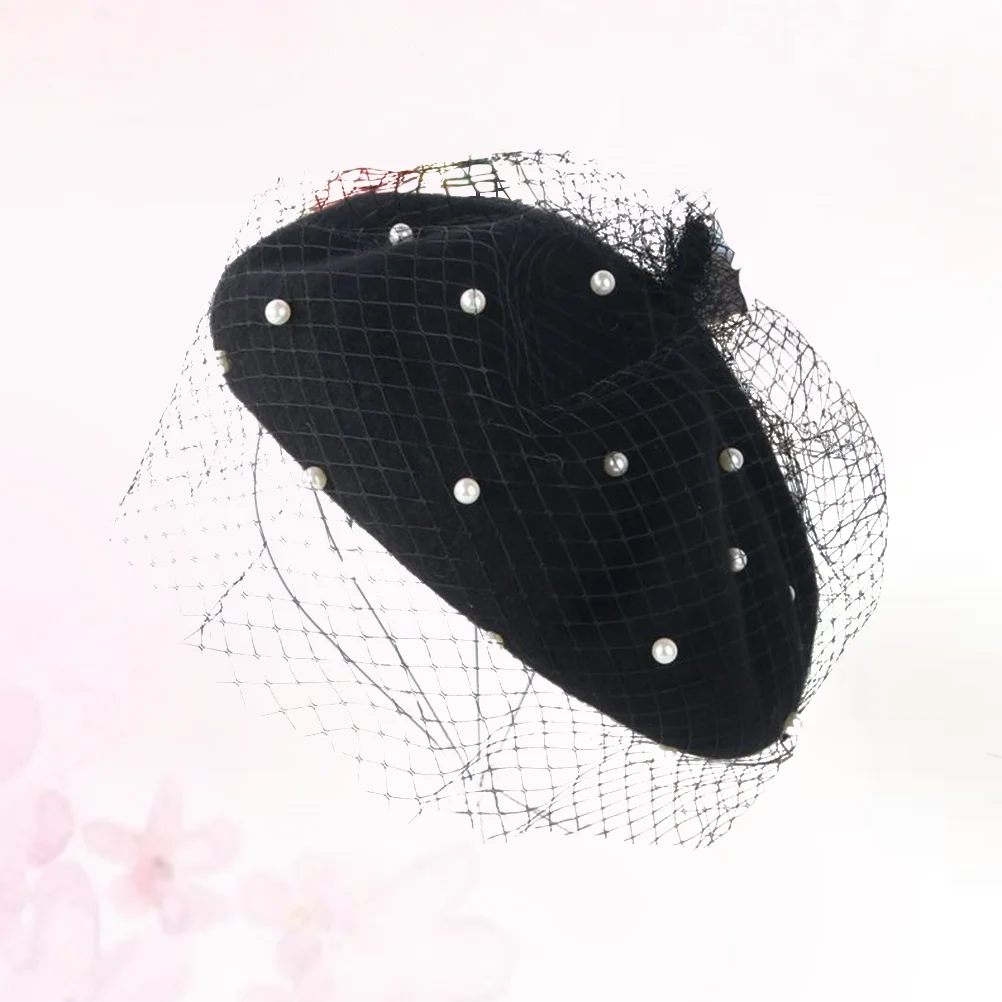 

Woolen Beret Hat Mesh Plastic Pearl Design Fashionable Warm Breathable Lightweight Portable Stylish Accessory for Women Black