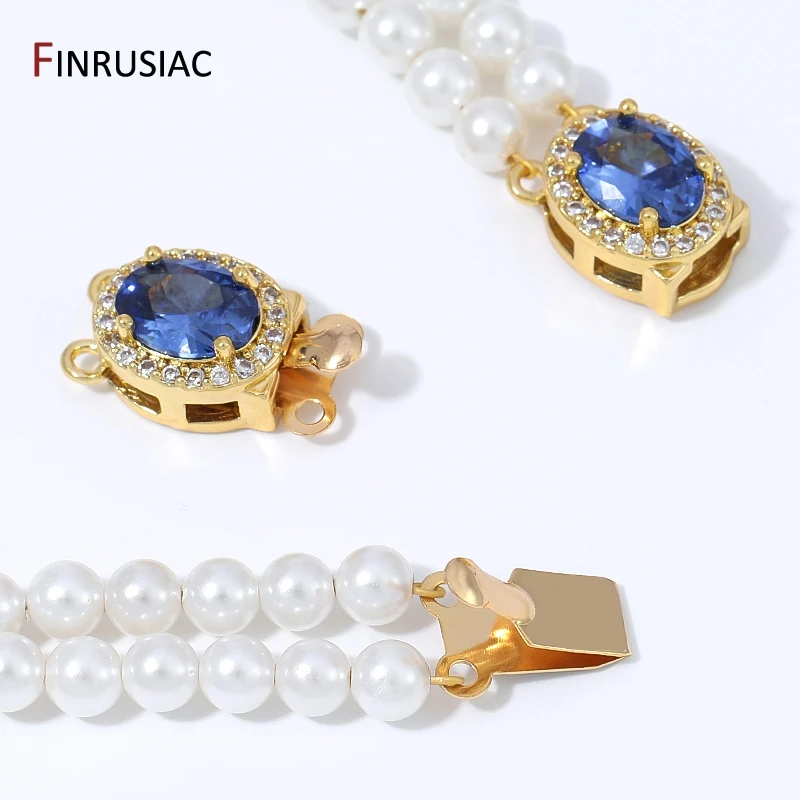 18K Gold Plated Brass Oval Blue CZ Box Clasp, 2 Holes Zircon Insert Clasps for DIY Double Strand Pearl Jewelry Making Findings
