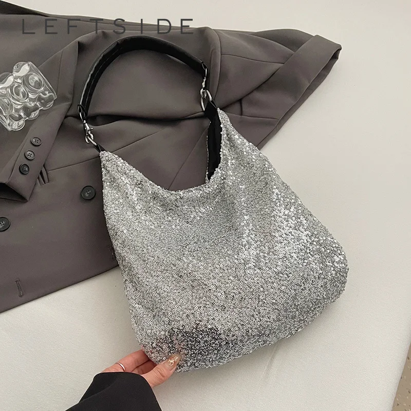 

LEFTSIDE Big Sequins Bucket Hobo Bags for Women 2025 Designer Fashion Evening Party Evening Handbags and Purses Shoulder Bag