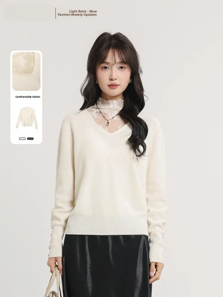 

Ele Lace Splice Knitted Wool Sweater Spring 2026 New Arrival JYDQD Memory's Start Soft Medium Gauge Long Sve Regular Fit