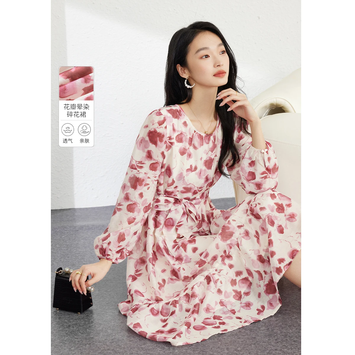 Vimly femmes thé robe florale 2025 automne manches bouffantes smocké taille cravate ceinture élégant Chic vacances Petite longue robe M2763