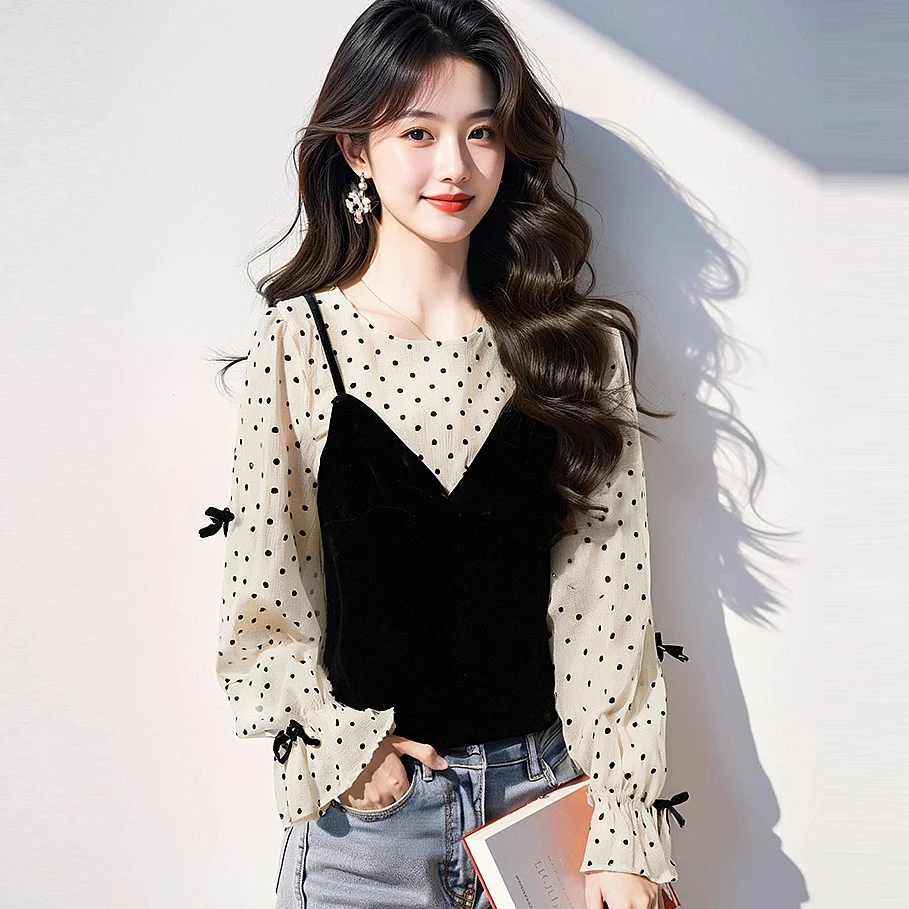 Spring Long Sleeve Slimming Blouse With Bow Knot Polka Dot Design Women Shirt Patchwork Tops Chic Kawaii Female Clothes JJ66