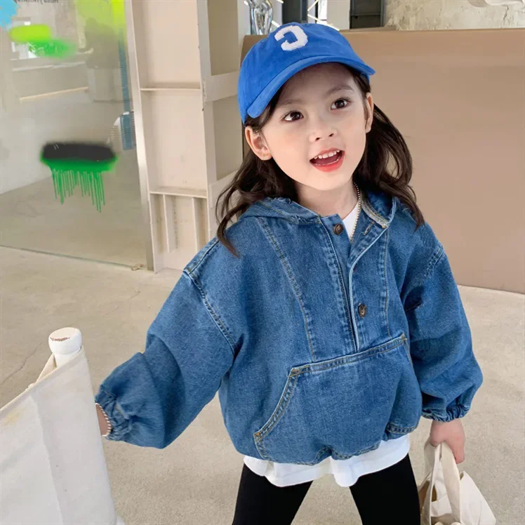 Jackets Girl Cowboy Hooded Loose Coat Autumn New Korean Zipper Versatile Children Tops Tide Simple 2024 Soild Fashion