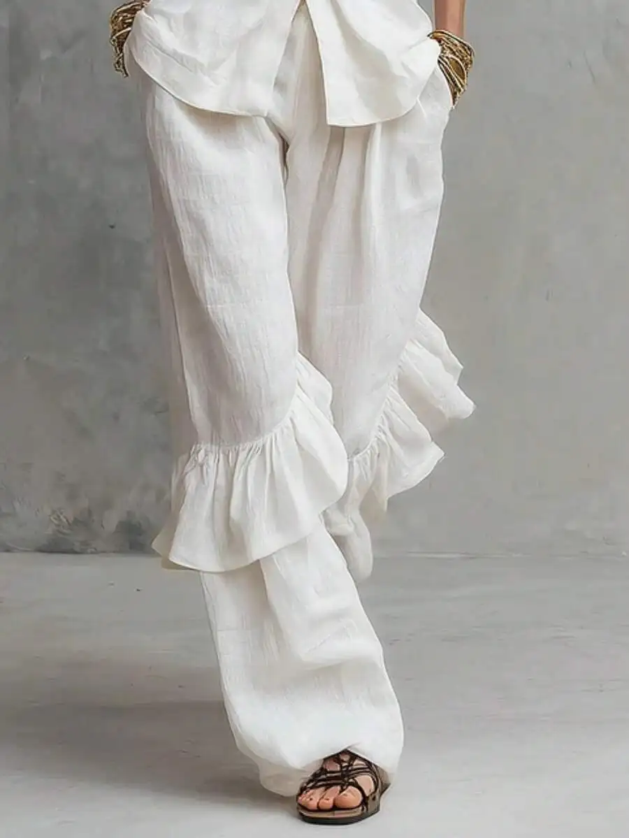 XTOCEAN Women's Linen Blend High Waist Wide Leg Pants – Ruffle Hem Elastic Waist Trousers With Pockets For Office Daily