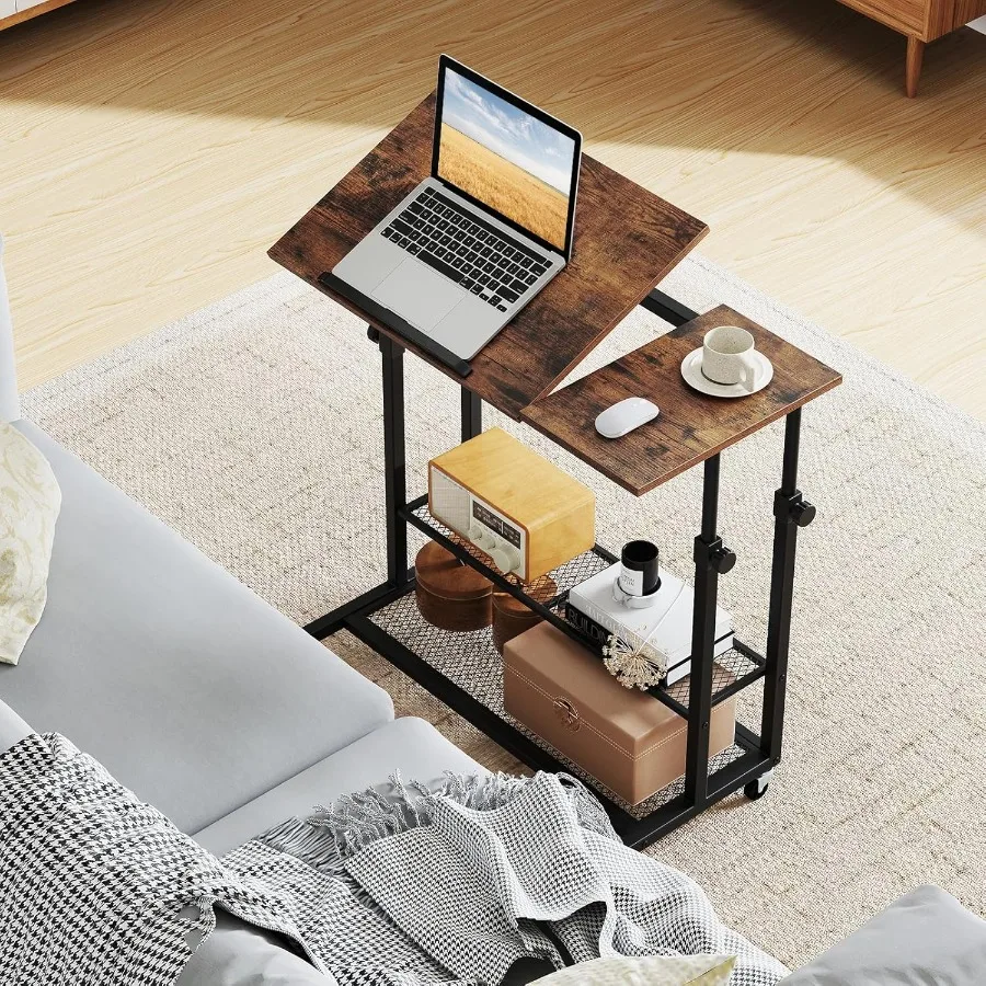 عربة مكتب الكمبيوتر المحمول مع ارتفاع قابل للتعديل مكتب الكمبيوتر المحمول يتميز بسطح الطاولة المائل وأرفف تخزين متعددة #6