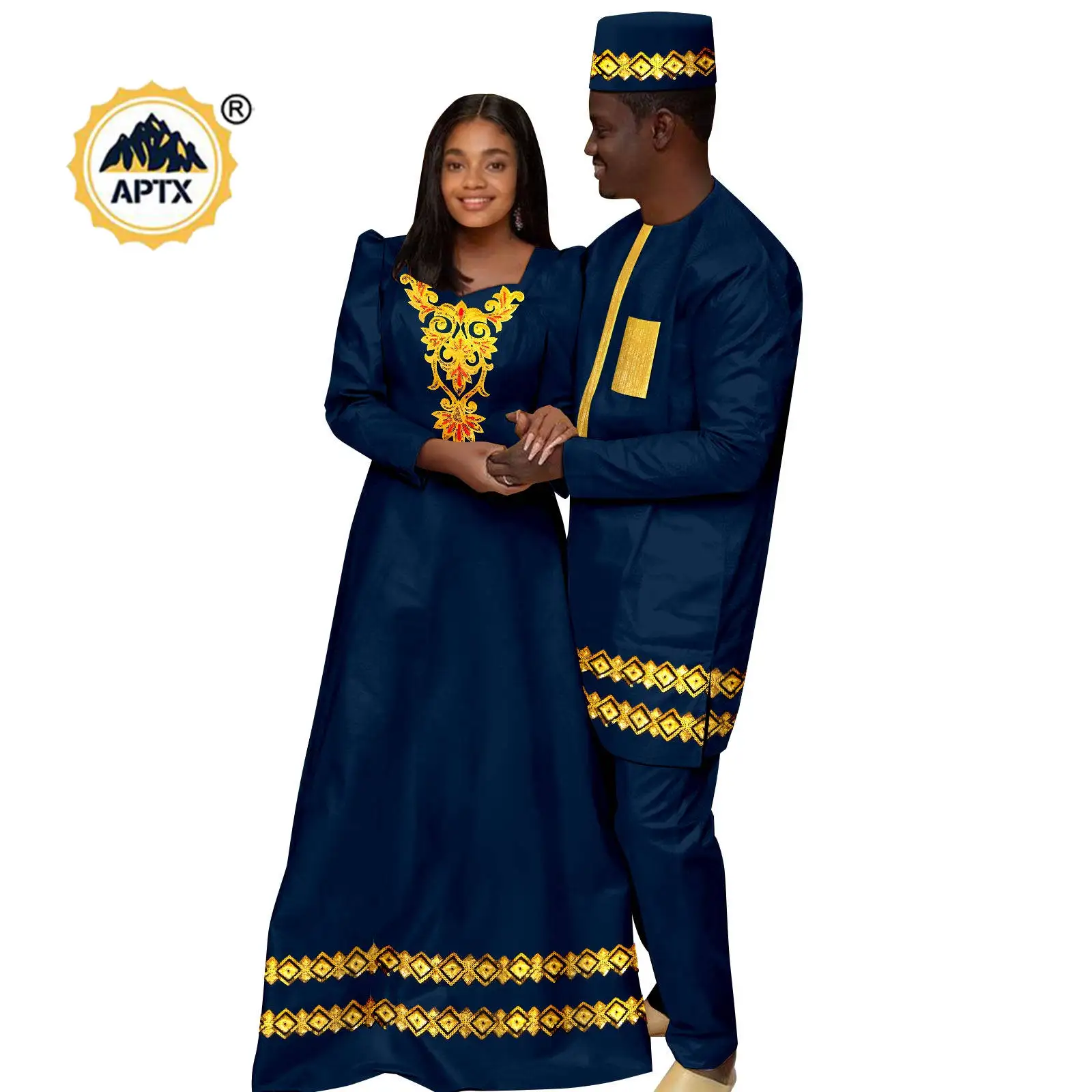 African Appliques Long Princess Dresses for Women Matching Couple Outfits Dashiki Men Hat Top and Pant Sets Wedding Party 25C001