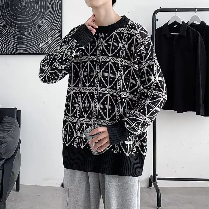 Fashion Brand Design Feeling Round-neck Sweater Men\'s Autumn and Winter High Street Lazy Trend Loose Pullover Jacquard Sweater