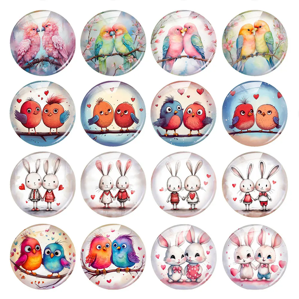Random Mixed Round/Oval/Square Valentine's Day Bunny Bird Photo Glass Cabochon Flatback Demo Cameo For Diy Jewelry Making