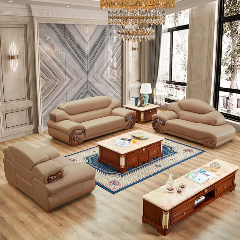 Z-european style genuine leather sofa classy living room chaise lounge combination house new chinoiserie solid wood leather sofa