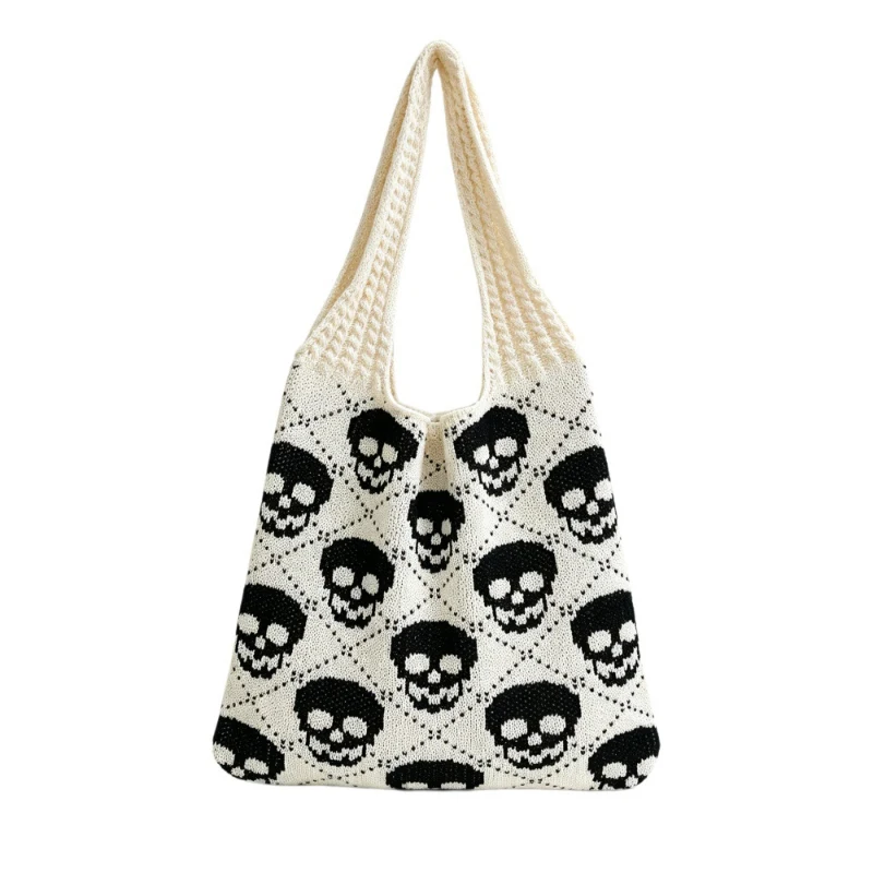 Halloween Skull Bat Ghost Printed Knitted Shoulder Bag Retro Versatile Large Capacity Handbag Festival Shopping Storage Bag