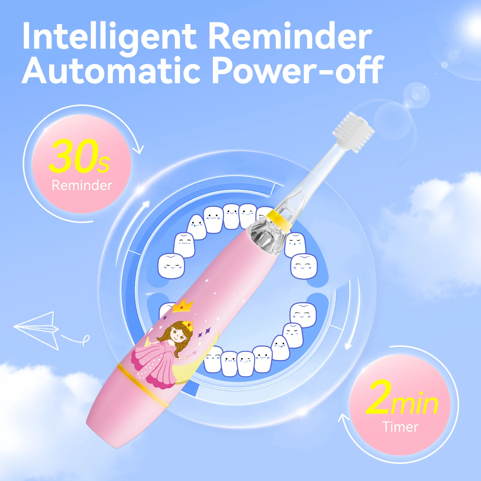 ReDISEN Spazzolino elettrico per bambini da 360 gradi con divertenti luci a LED, timer integrato da 2 minuti SG-2113, setole morbide ed ergonomico