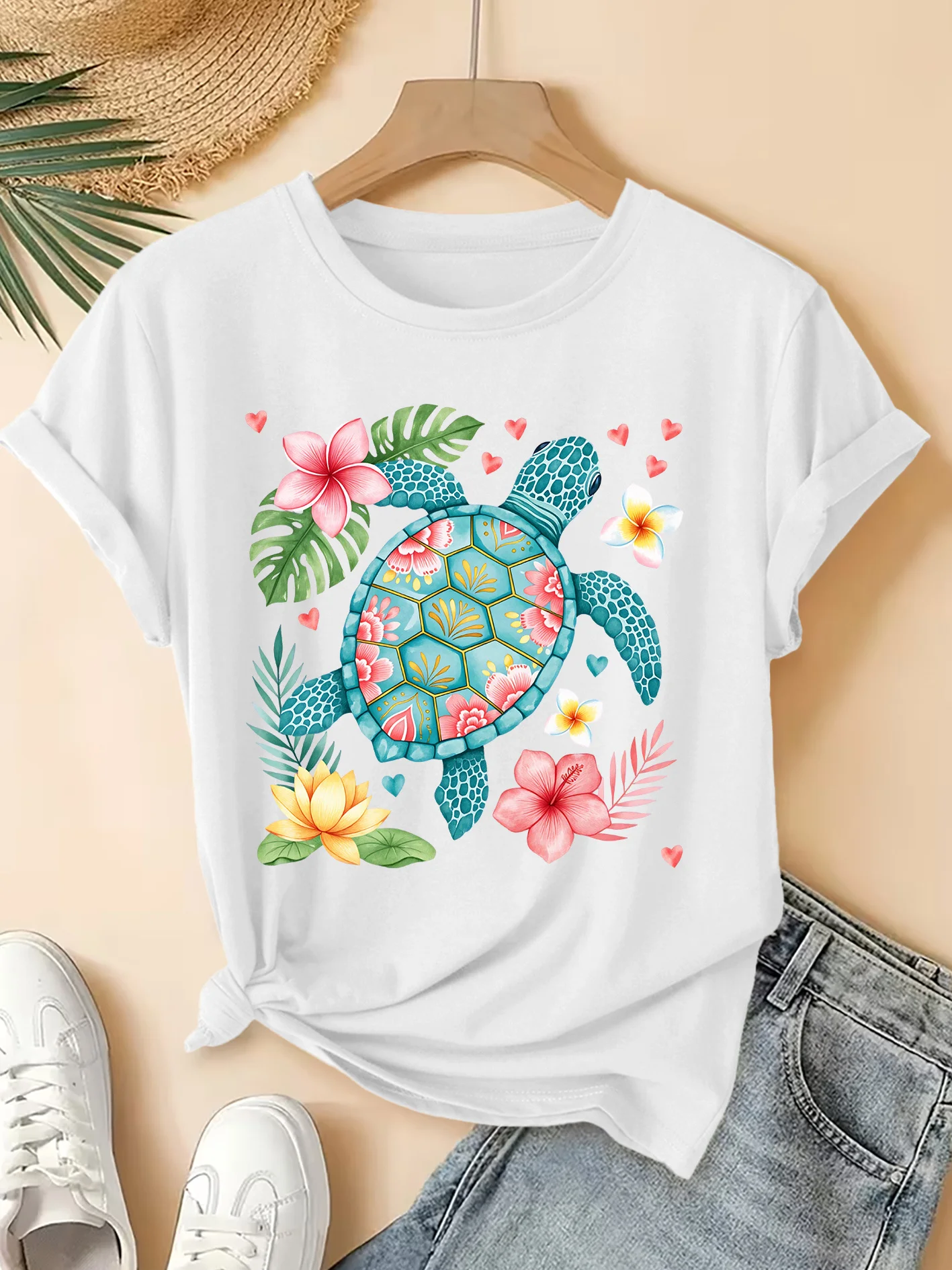 Sea Turtle T Shirt Women Cute Sea Turtle Hibiscus Flower Graphic Tee Tropical Coastal Hawaiian Beach Short Sleeve Summer  Tops