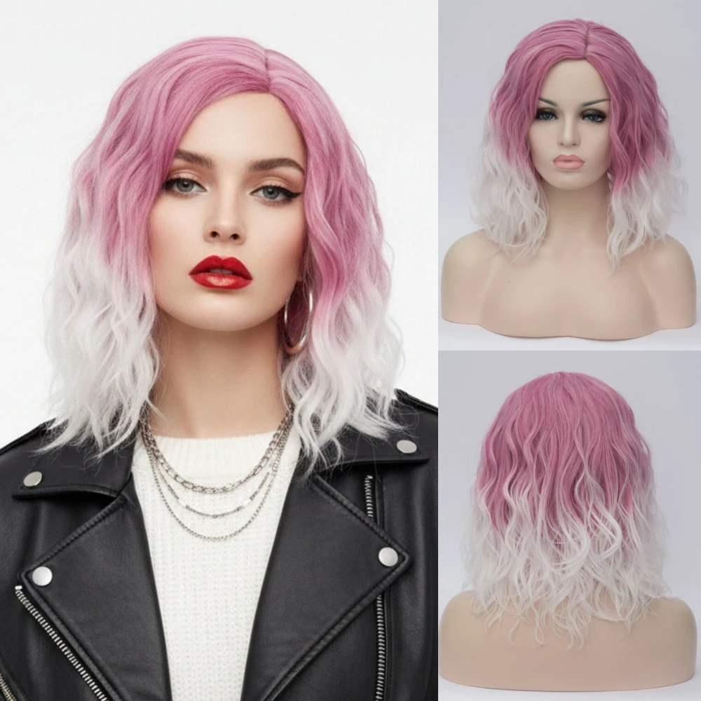 

Short Wavy Wig for Women Side Part Fluffy Layered Heat Resistant Synthetic Pink White Ombre Wig Daily Party Cosplay