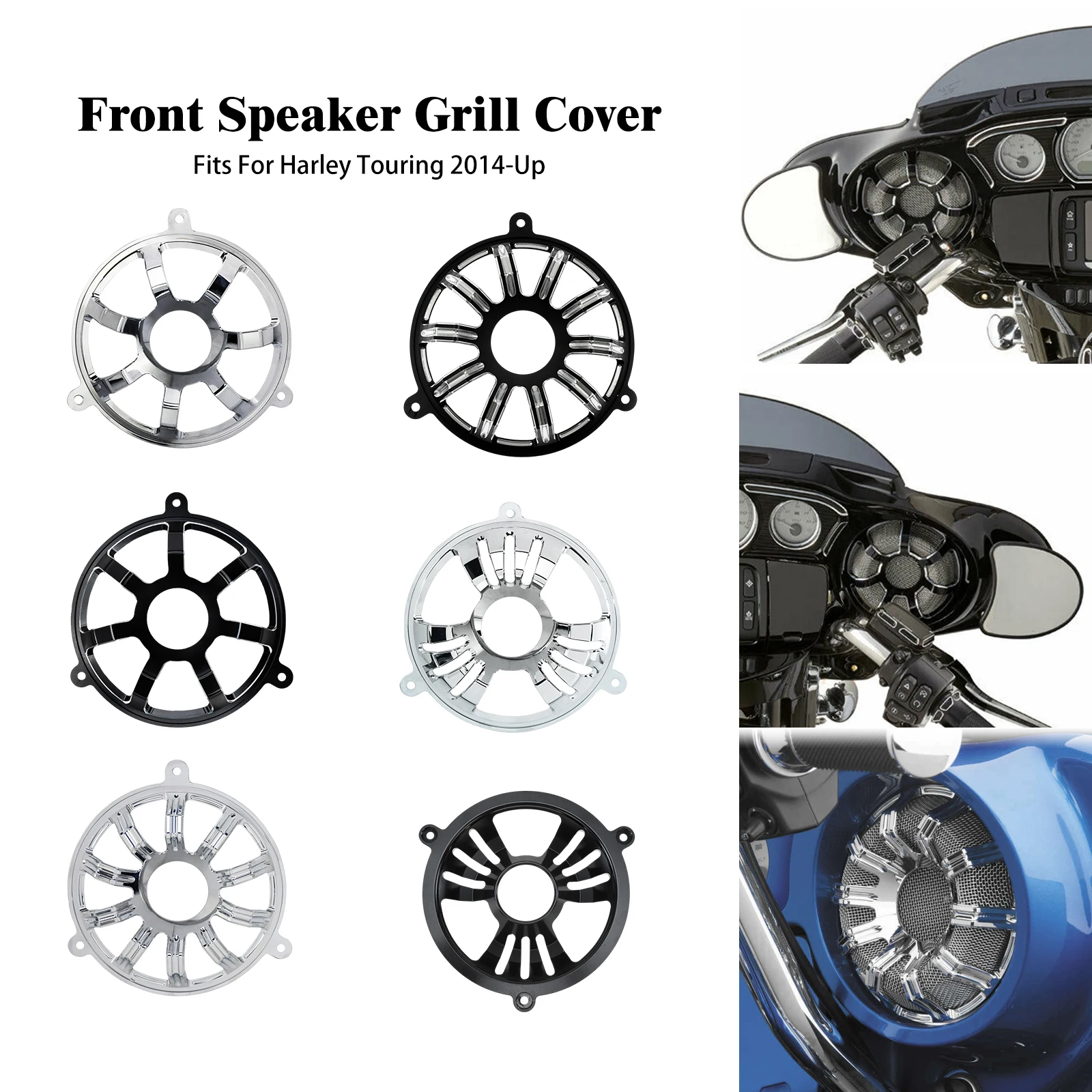 2Pcs Motorcycle 6'' Front Speaker Grill Trim Covers Black/Chrome Aluminum For Harley Touring Electra Street Tri Glide 2014-2023