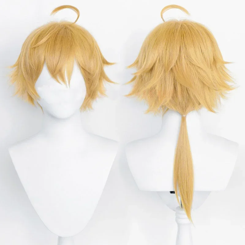 Genshin Impact Thoma Cosplay Wig Increased Hair Volume Three-dimensional Fluffy Design With Horn Yellow Wigs for Genshin Coser