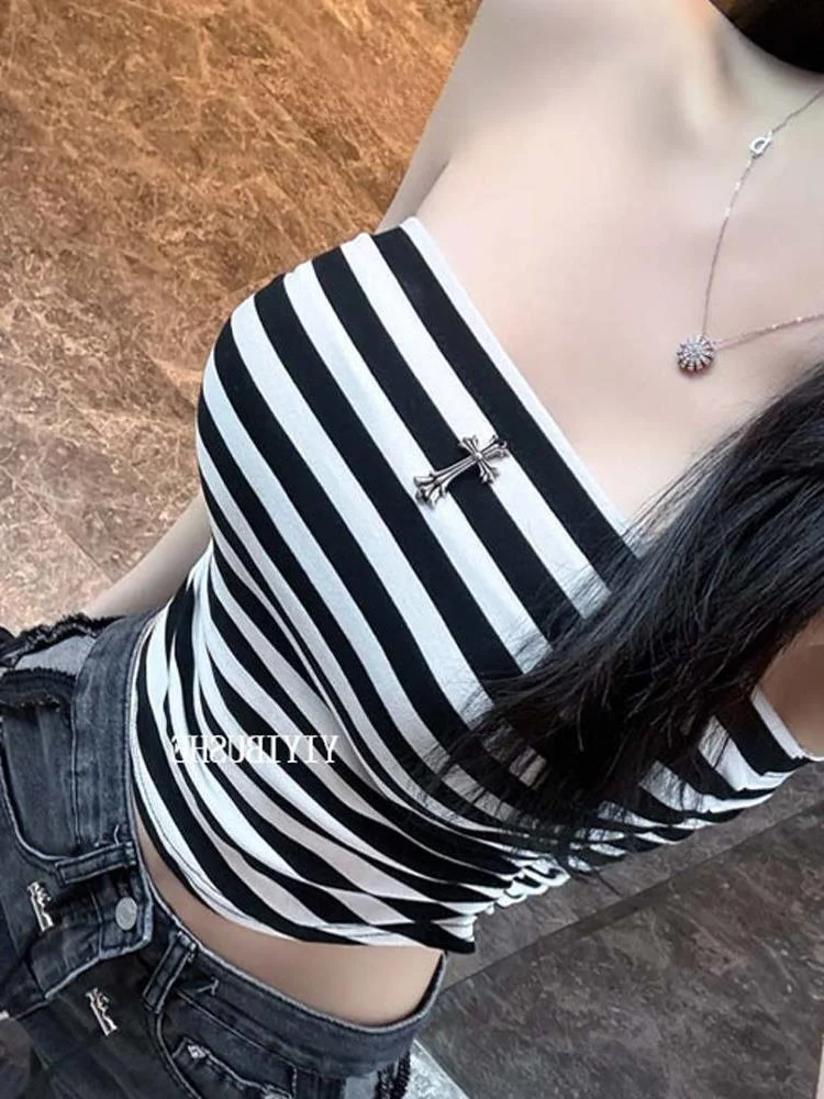 

Сексуальный полосатый топ-бюстье без рукавов, женский, с открытыми плечами, для лета, стандартной длины, тонкий