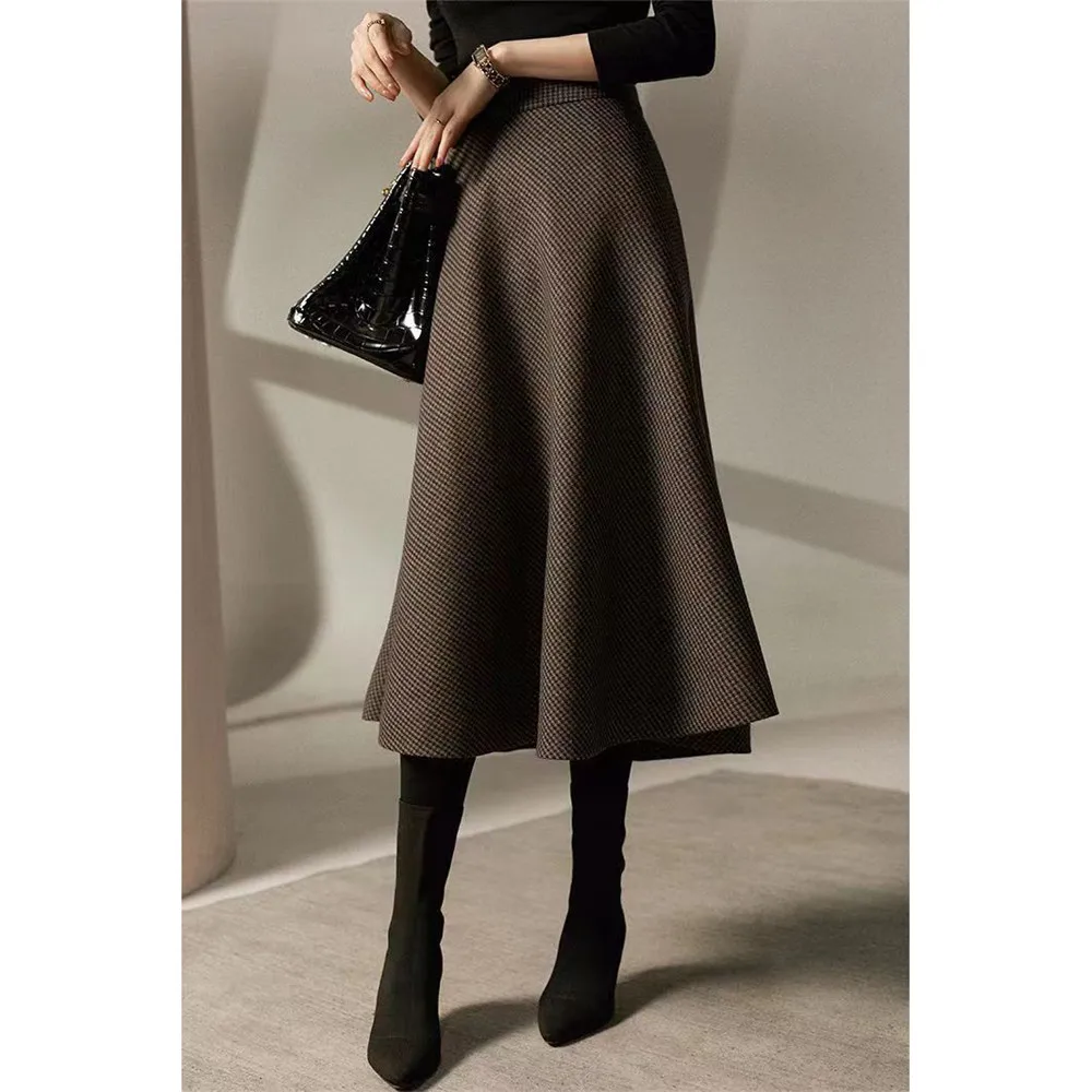 Autumn Winter Wool Plaid Warm Vintage Midi Long Skirt Women Korean Thicken High Waist Skirt Female A-Line Office Lady Elegant