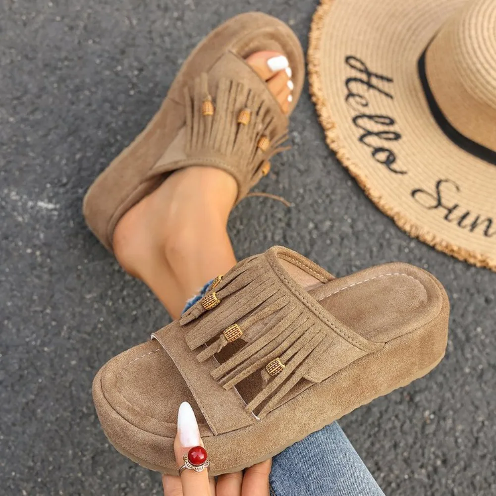 

Summer New Style Tassel Thick-Soled Slippers, Women's Platform Wedge Open-Toe Sandals, Fashionable Increasing Outdoor Slippers