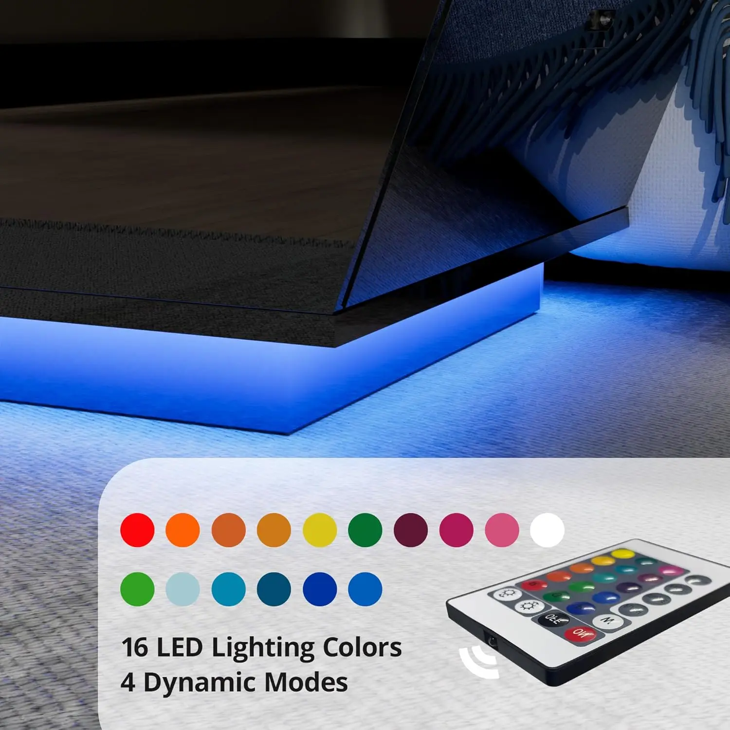 Black Modern Coffee Table with 12-Color LED Lights,High Gloss Contemporary Center Table with 2 Storage Drawers