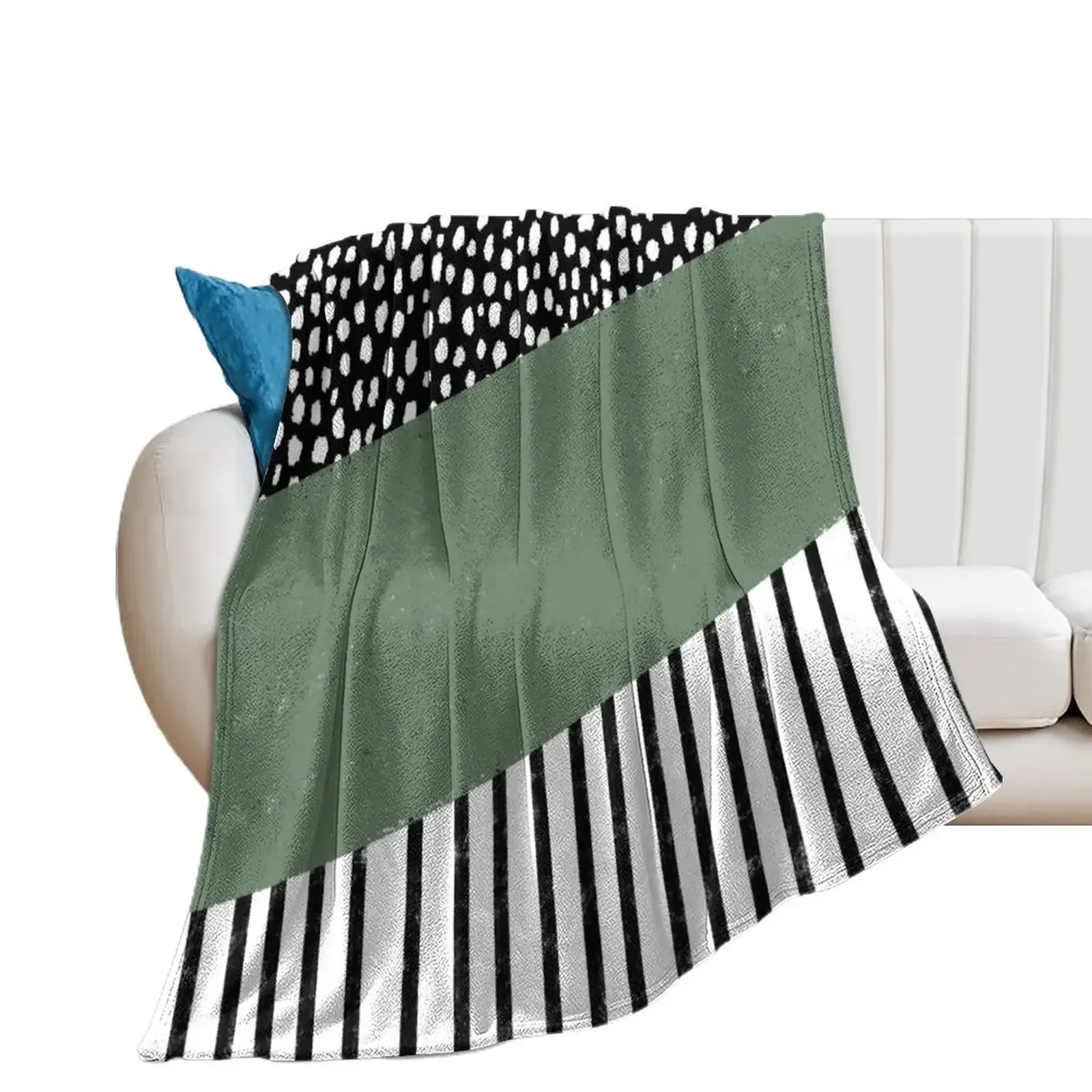 

Polka Dots and Stripes Pattern (black/white/sage green) Throw Blanket Plaid on the sofa Travel Blankets