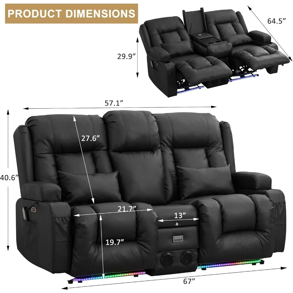 Loveseat Recliner Sofa, Flipped Middle Backrest/Bluetooth Speakers/USB/Built-in Outlets, LED Ambient Light, Double Recliner Sofa