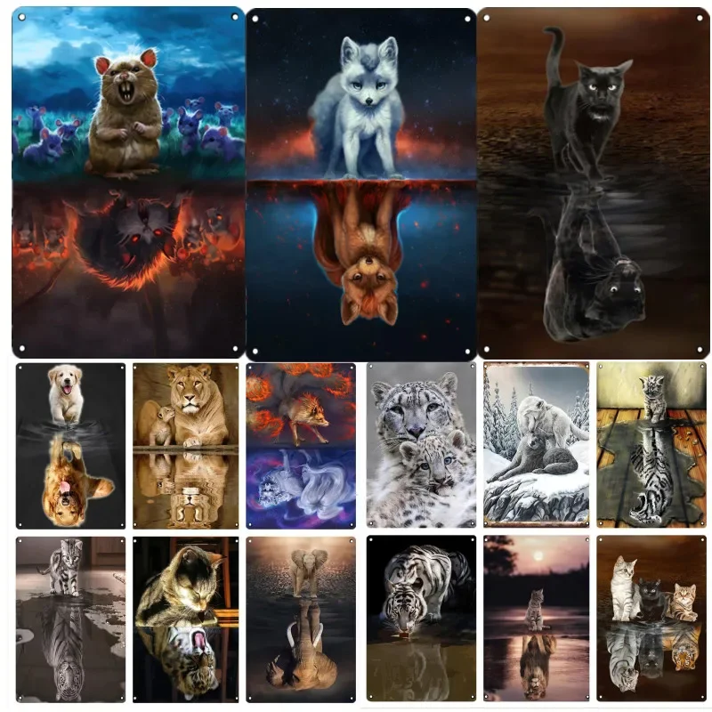الرجعية الحيوان لوحة معدنية غرفة المعيشة الحيوان القصدير علامات جدار الفيلة الأسد النمر القط تأملات ملصق ملصقات فنية جدار ديكور #1