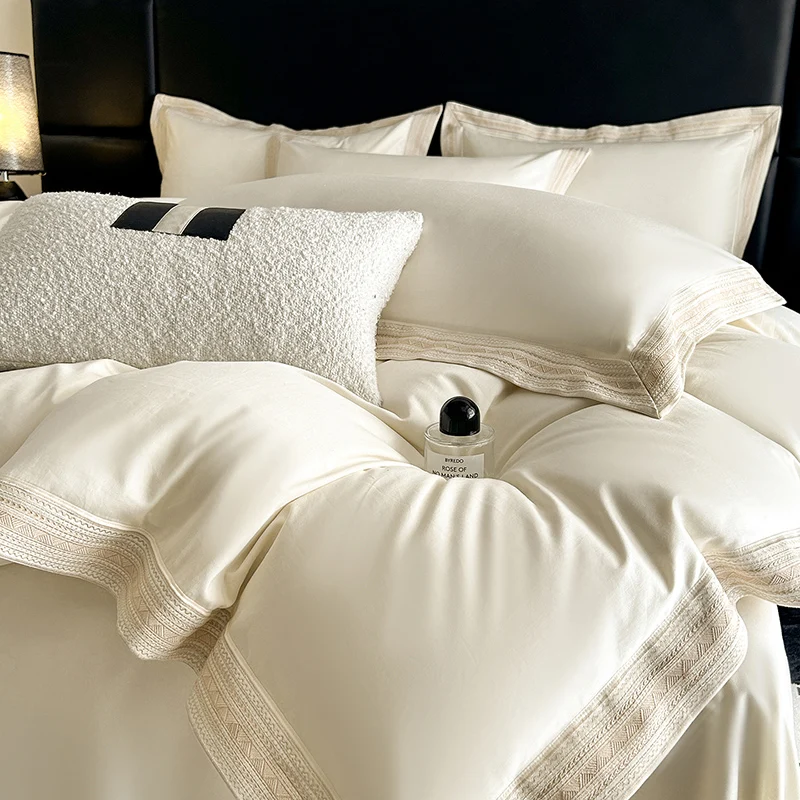 600TC Egyptian Cotton Embroidery Wide Edge Luxury Solid Color Bedding Set Duvet Cover Flat/Fitted Bed Sheet Pillowcases 4Pcs