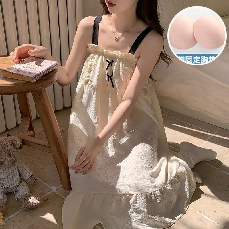 

Chest Pad Nightgowns for Women Summer Korean Style Pajamas Ruffle Sweet Loose Dress Sleepwear Students Dormitory Home Clothes