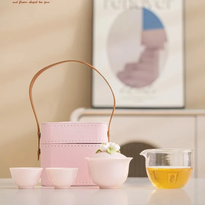 Pinch Flower Cover Bowl Travel Tea Set Outdoor Portable Storage Bag Ladies Kung Fu Tea Brewing Pink Ceramic Personal Tea Cup