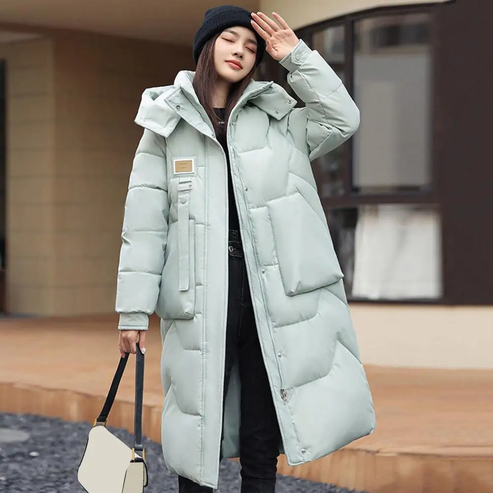 Winter Women Cotton Jacket Detachable Hood Long Sleeves Knee Length Zipper Closure Coat Solid Color Windproof Outwear Parka Lady