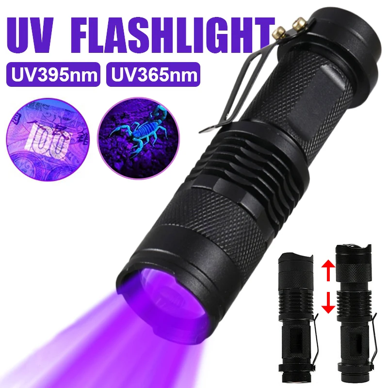 

365/395nm UV Flashlights Zoomable Mini LED Ultraviolet Torch 3 Modes Pet Urine Detector Violet Light Scorpion Hunting UV Lamp