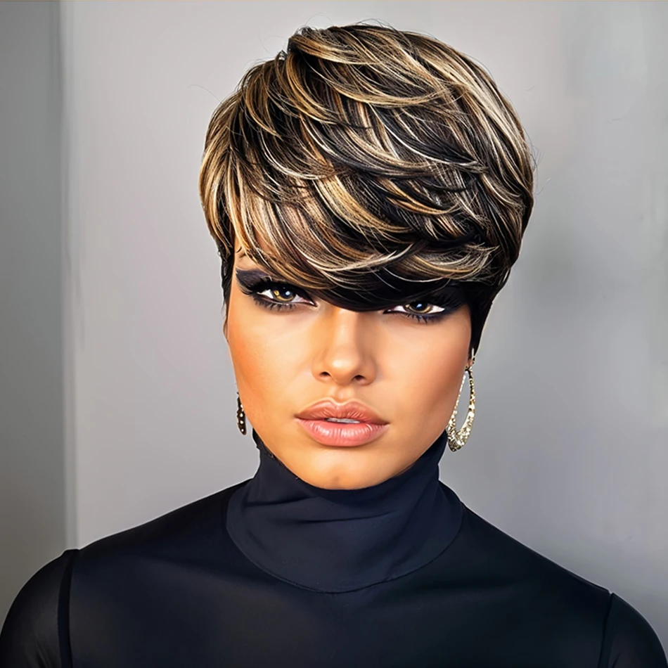 

Chic 1B/30/60 Colored Pixie Straight Wig for Women Brazilian Remy Human Hai 150% Density Non Lace, Natural Looking Mixed Color