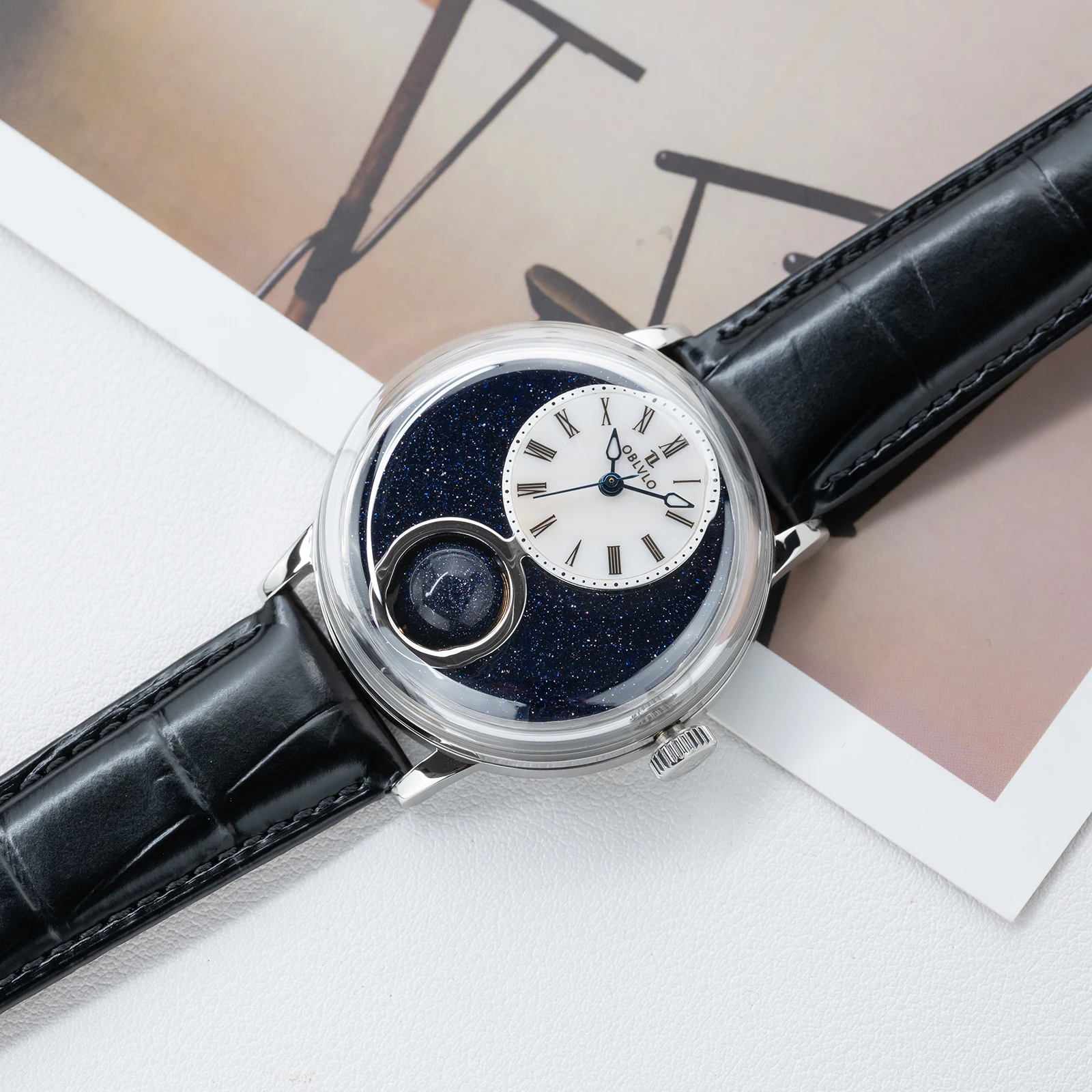 OBLVLO Mens 316L Stainless Steel Mechanical Automatic Watch Hollow Starry Sky 24-Hour Display Leather Strap Classic Wristwatch