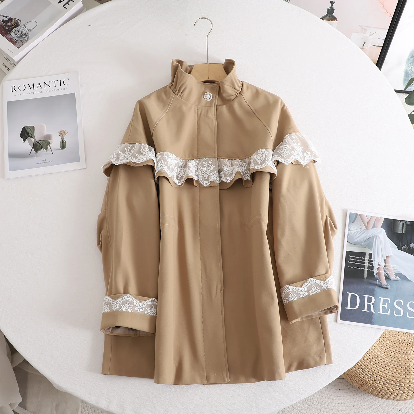 

Vintage Lace Spliced Design Khaki Stand-collar Trench Coat For Women Mid-length Casual Loose Jacket Autumn Office Lady Outwear