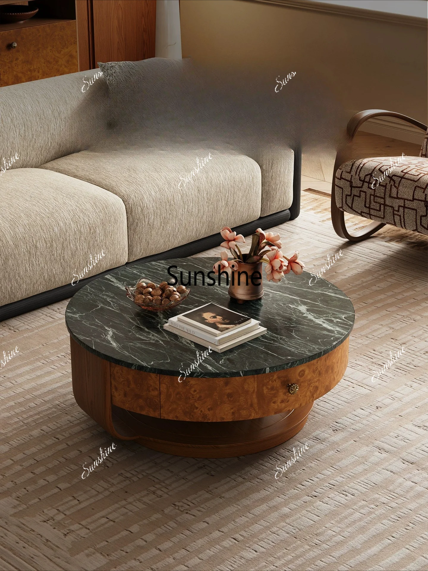 Retro living room marble coffee table round artistic home