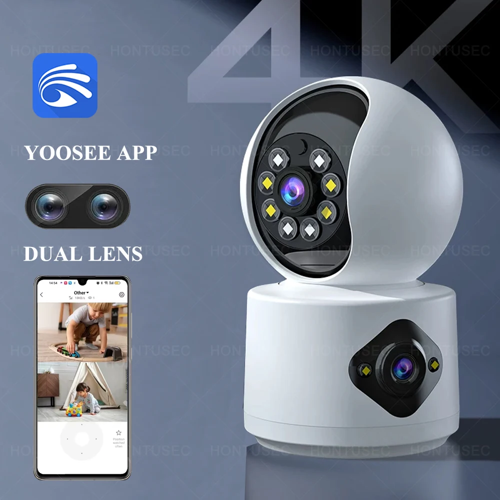 Yoosee 4K 8MP WiFi Camera 2K 4MP Indoor Mini PTZ Dual Lens Dual Screens Color Night Vision Auto Tracking Surveillance Cameras