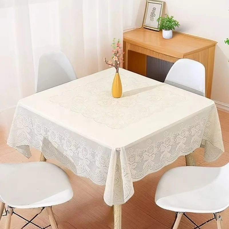 Elegant Off-White Bow Pvc Tablecloth Rectangular Waterproof Oil-Proof Coffee Table Cover Romantic Lace Home Textile for Dining