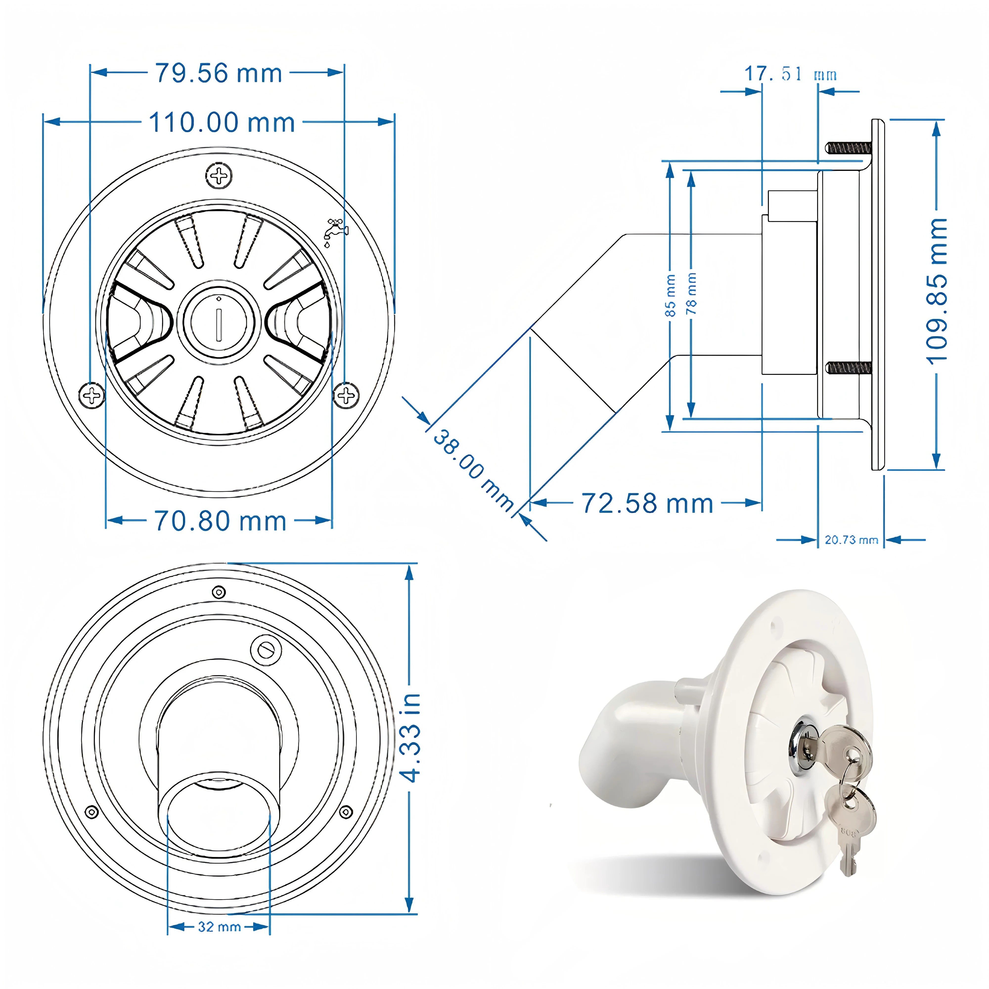 

32 мм наполнитель для автофургона, запираемый прицеп, люк для каравана, гравитационный фильтр для воды, белый для лодок, караванов, аксессуары
