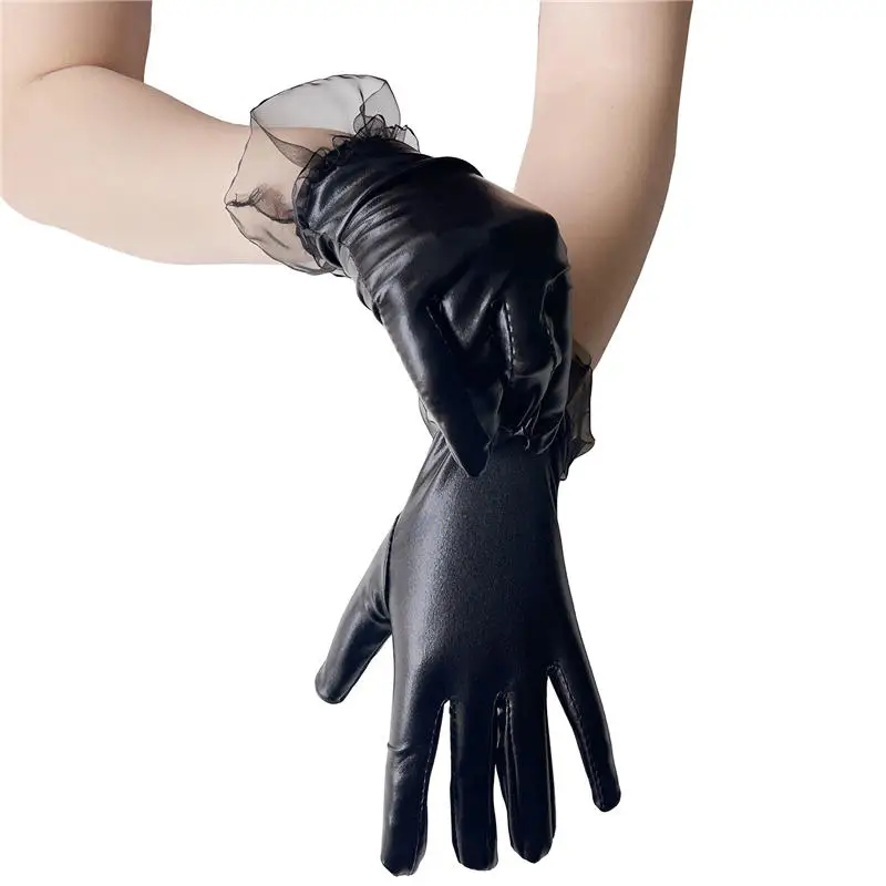 Black Patent Leather Gloves Short Fingerless Full Fingers Gloves Halloween Dance Leather Lolita Gloves Wholesale