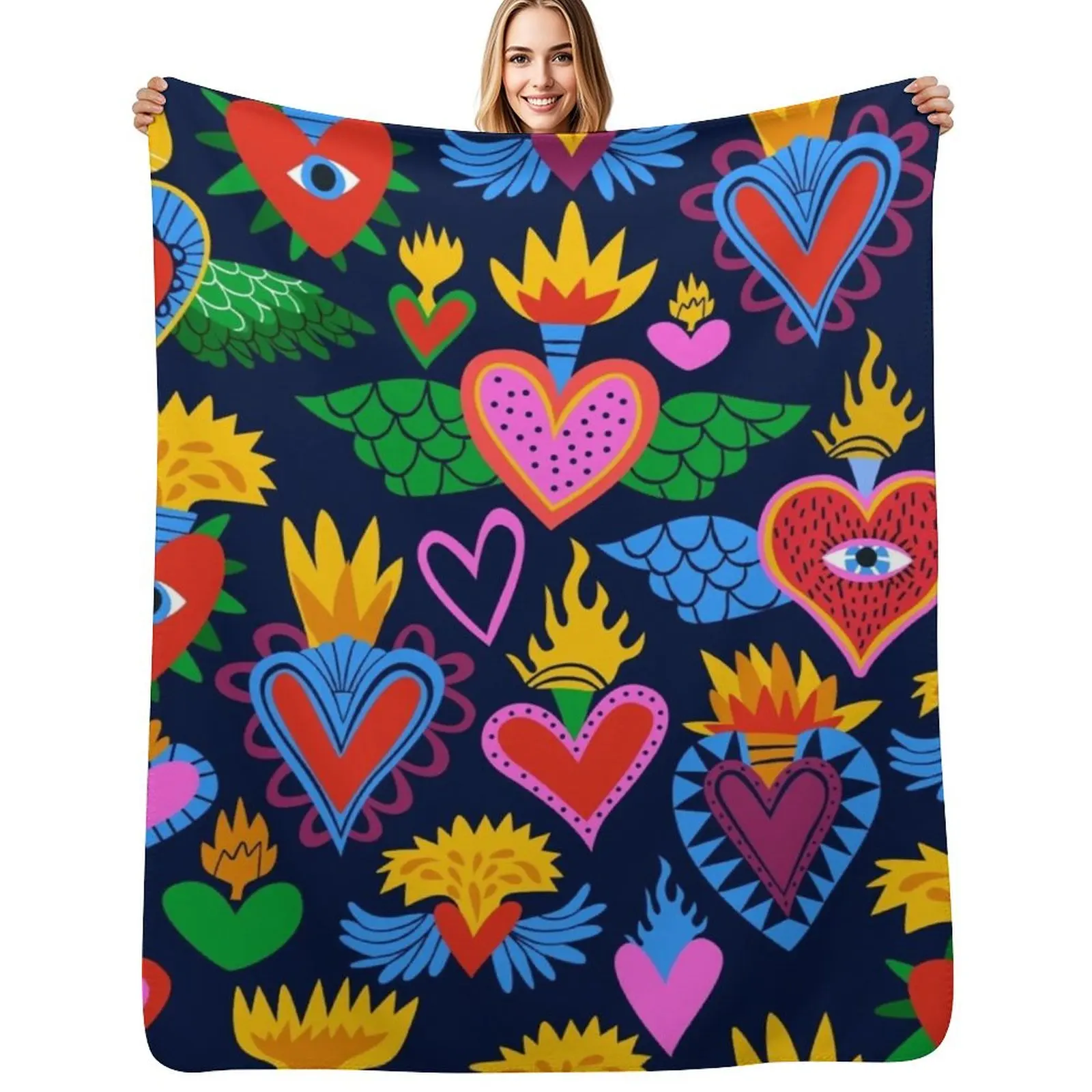 

Sacred Hearts Mexican Folk Art Throw Blanket Men's Soft Warm Throw Blanket for Couch