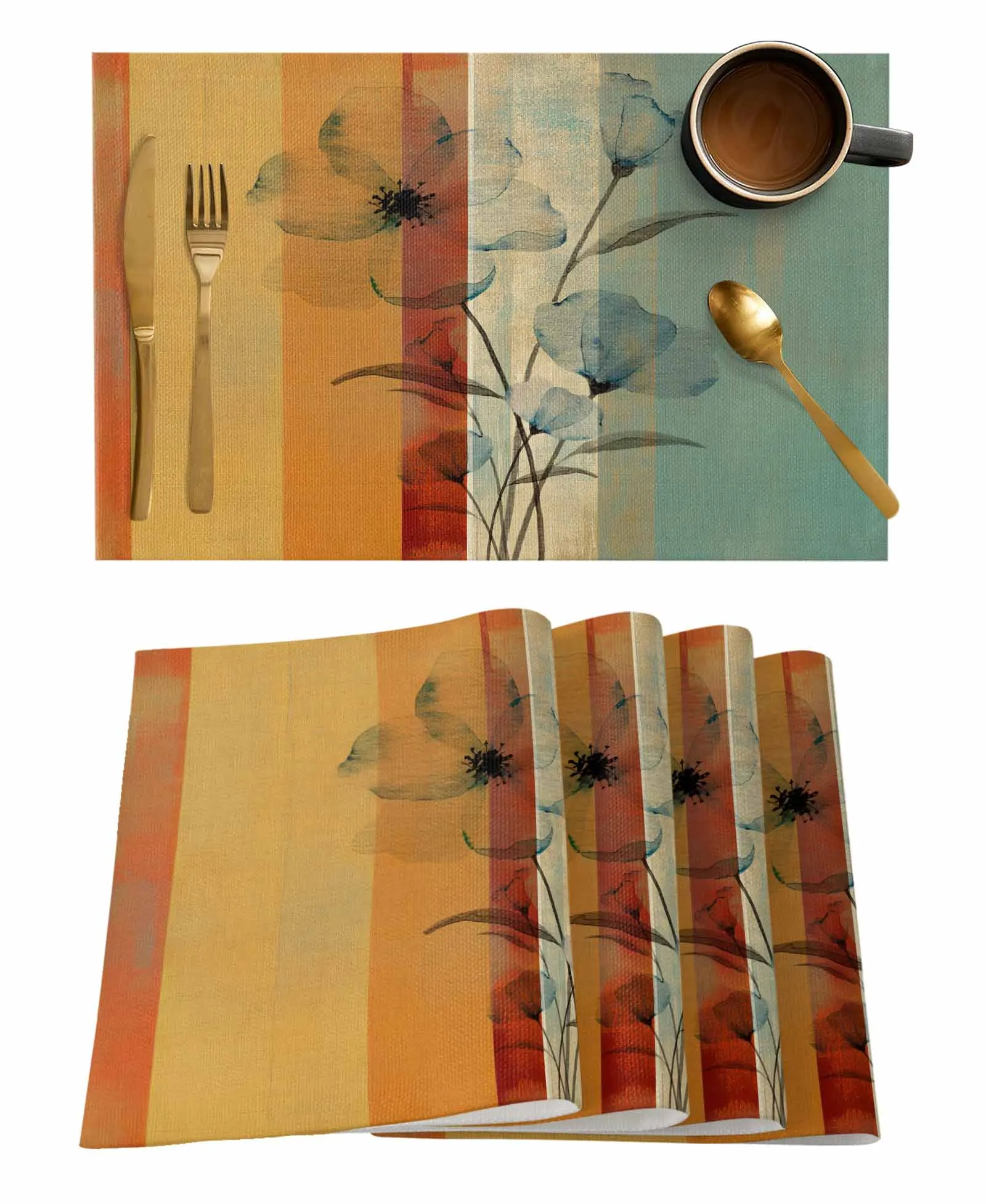 Overlay Of Flower Stripes Coffee Dish Mat Kitchen Placemat Dining Table Rug Dinnerware 4/6pcs Pads